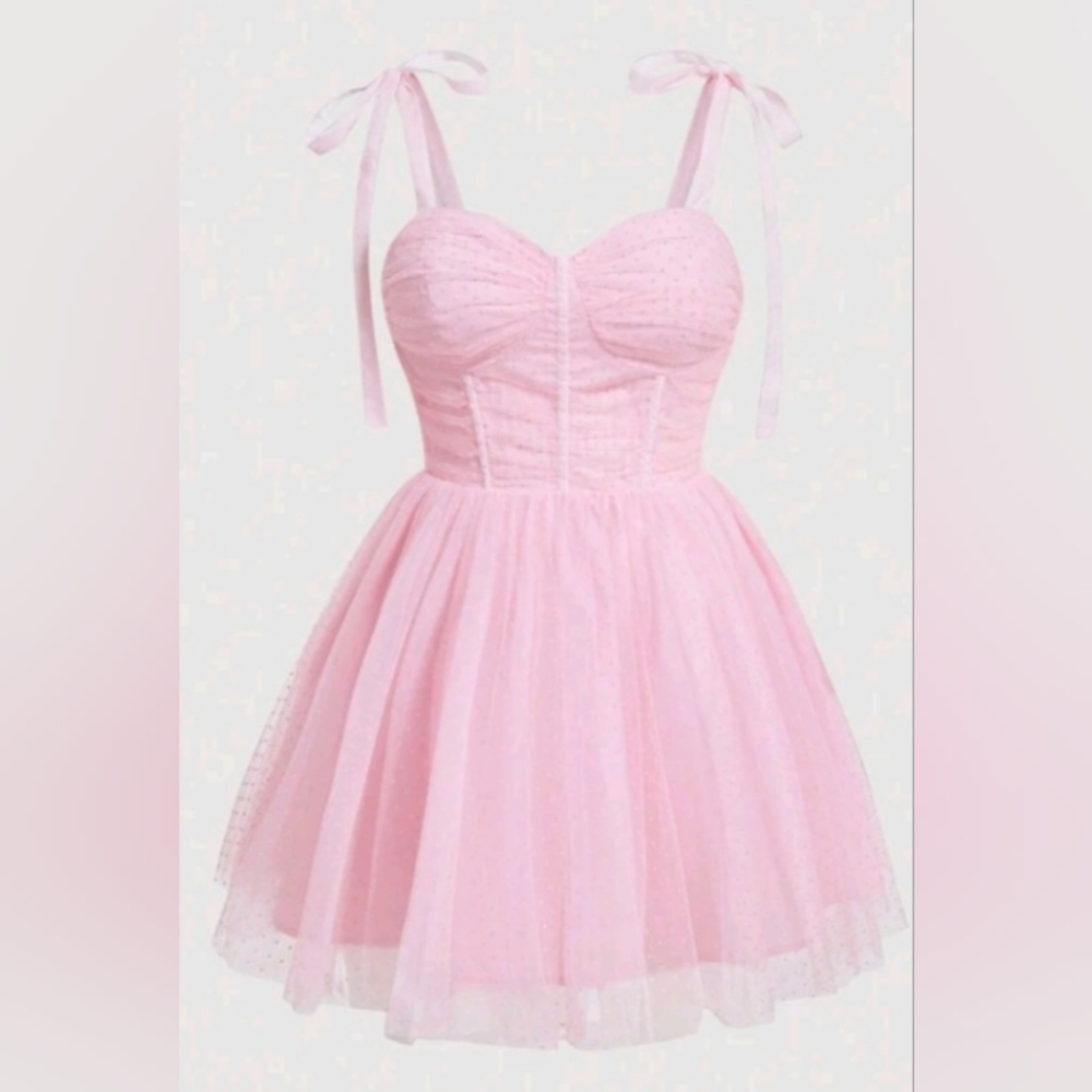 Pink Tie Shoulder Mesh Sheer Dress